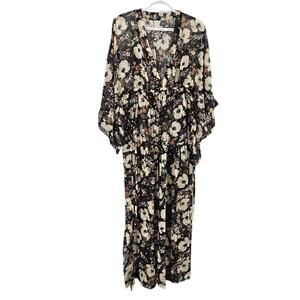 MALIA MILLS Dress Black Sheer Floral Print Plunging V-neck 3/4 Sleeve Maxi Sz S